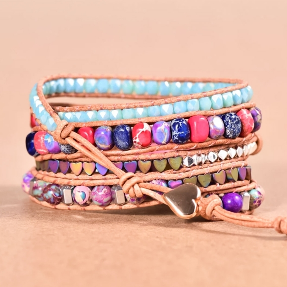 Jasper Gemstone Leather Wrap Beaded Bracelet | Handmade Beaded Wrap Bracelet - Picture 3 of 9